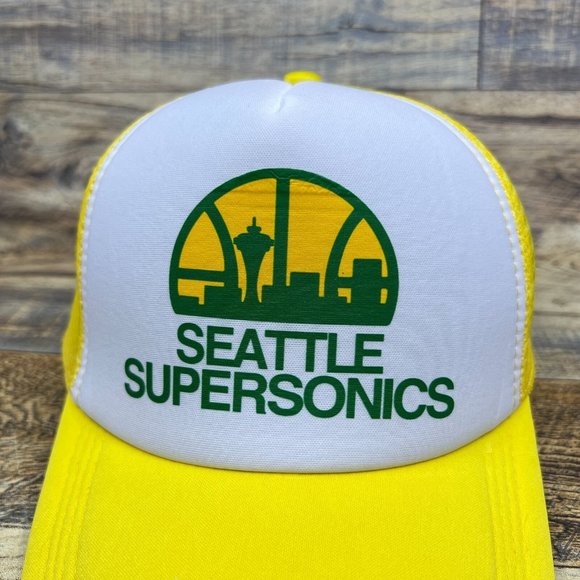 Seattle Supersonics Mens Trucker Hat Yellow Snapback 1975 Logo Basketball Cap - Picture 3 of 8